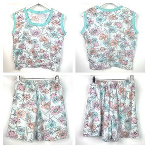 Vintage 80s Soft Blue Floral Cotton Summer Set